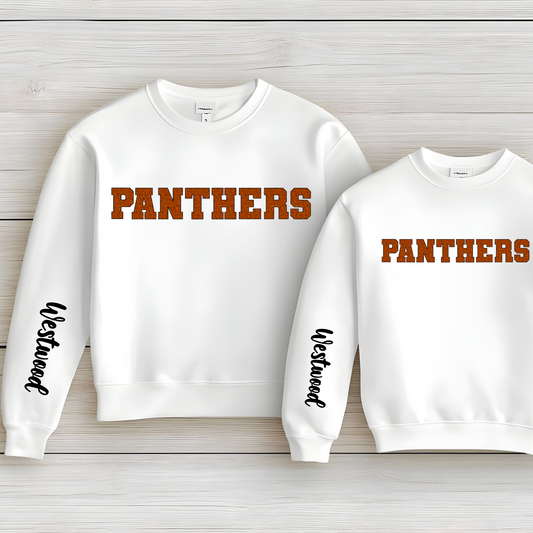 Panthers in Faux Orange Glitter with Black Outline- Westwood Black on Sleeve