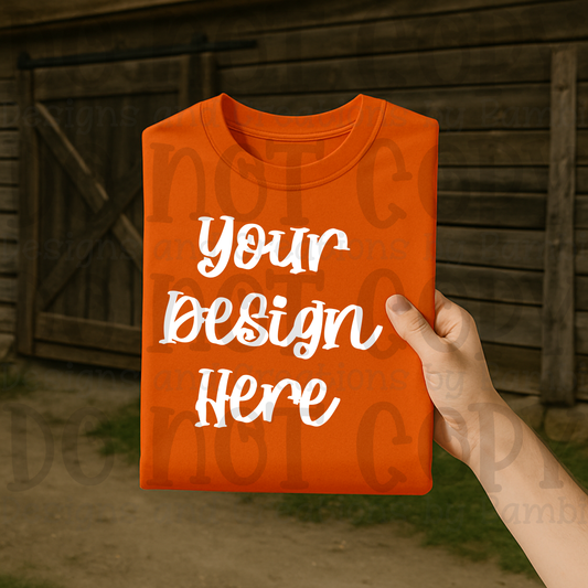 Lifestyle with Barn Door Holding Folded Tshirt Apparel Mock Ups