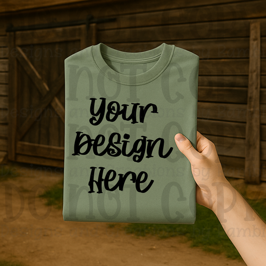 Lifestyle with Barn Door Holding Folded Tshirt Apparel Mock Ups
