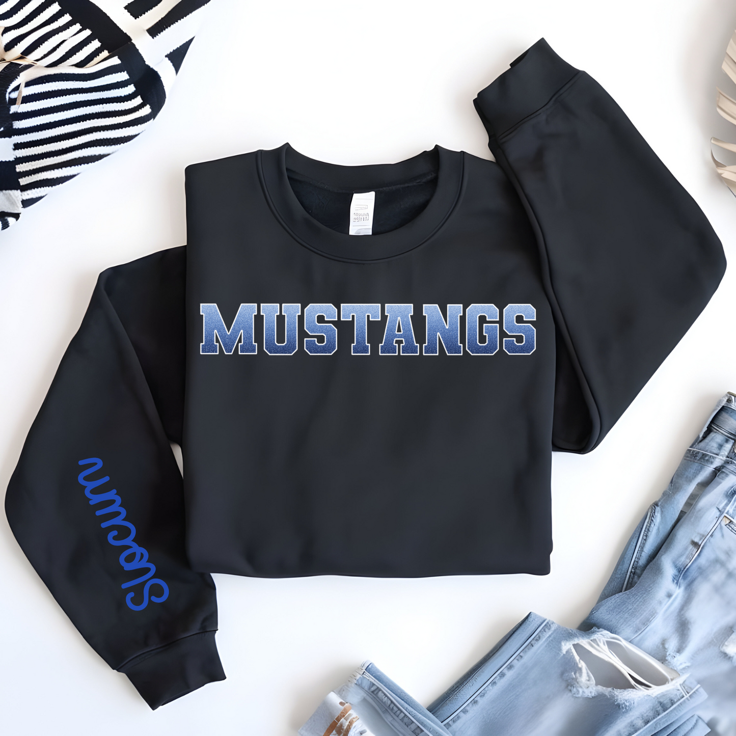 Mustangs Faux Blue Ombre Glitter White Outline with Slocum Sleeve Print