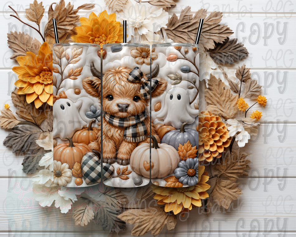 3D Inflated Fall Highland Cow with Ghost 20oz Skinny Sublimation Tumbler
