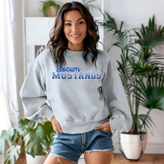 Slocum Mustangs in Faux Ombre Blue Glitter with Blue Font (Long Sleeve)