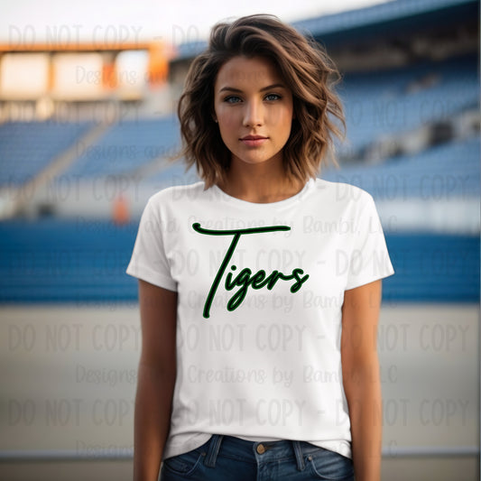 Neches Tigers Script Black with Green Outline