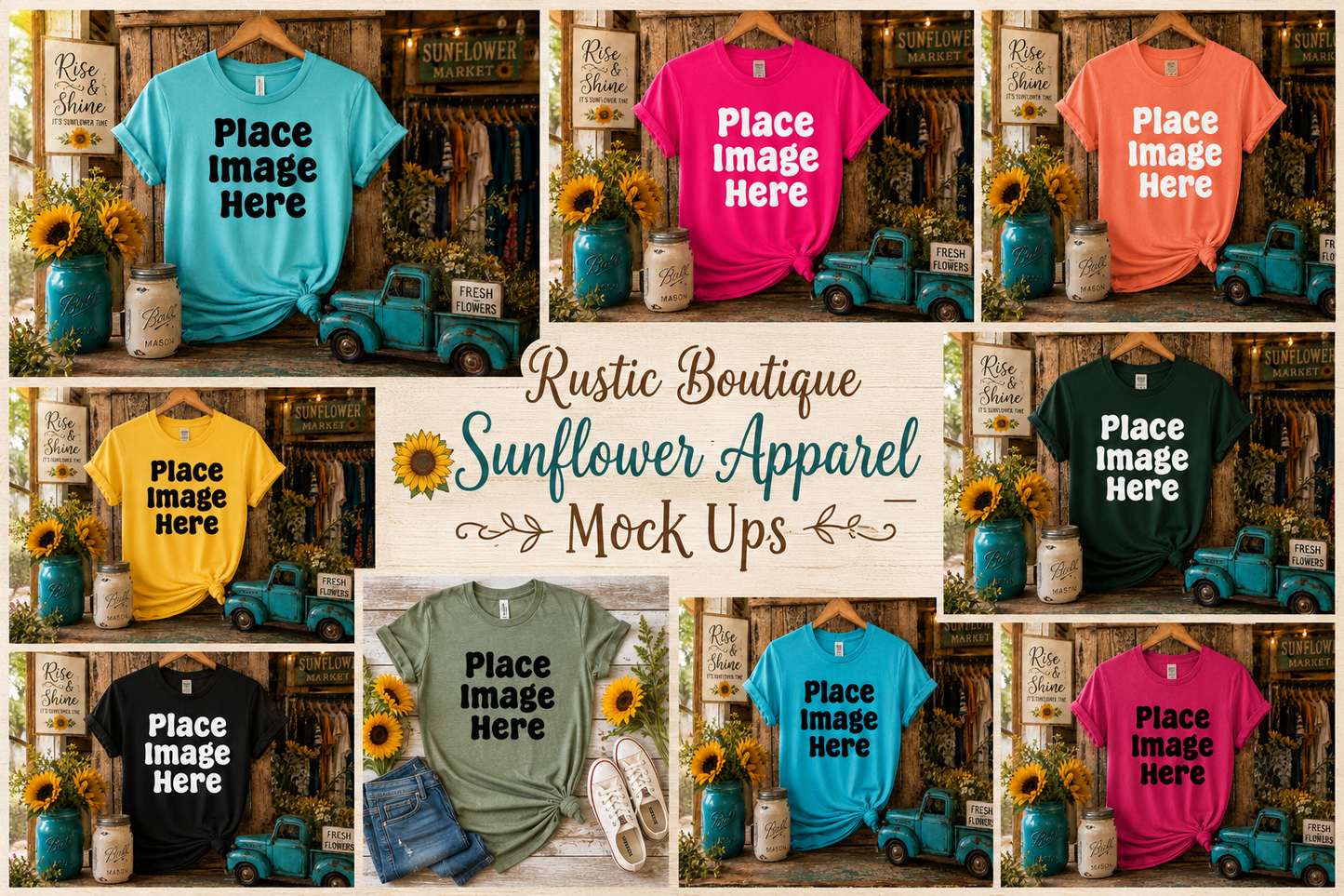 Rustic Boutique Sunflower Hanging Apparel Mock Ups (Various Brands)