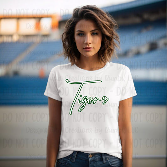 Neches Tigers Script White with Green Outline