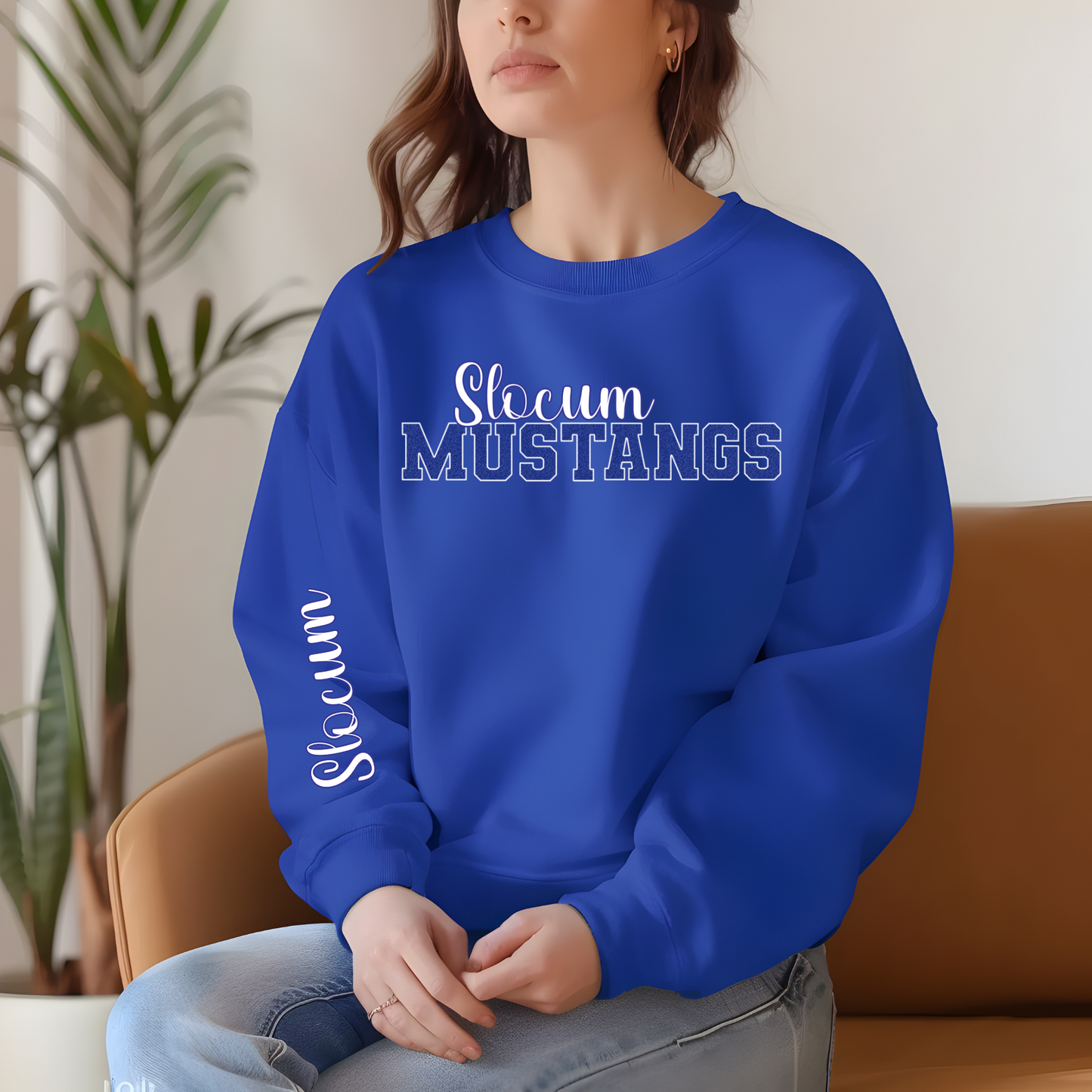 Slocum Mustangs faux Blue Glitter Blue Outline with Sleeve Print