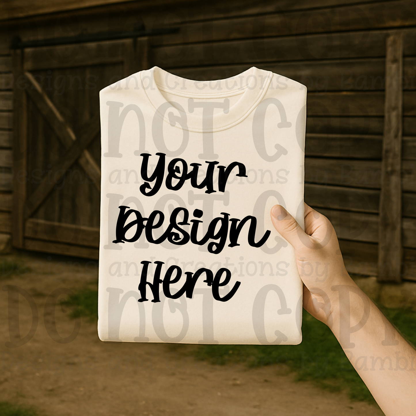 Lifestyle with Barn Door Holding Folded Tshirt Apparel Mock Ups