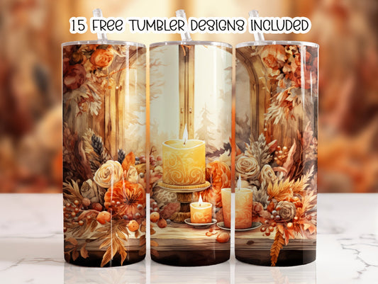 Fall Themed with Candle 20 oz Skinny Sublimation Tumbler