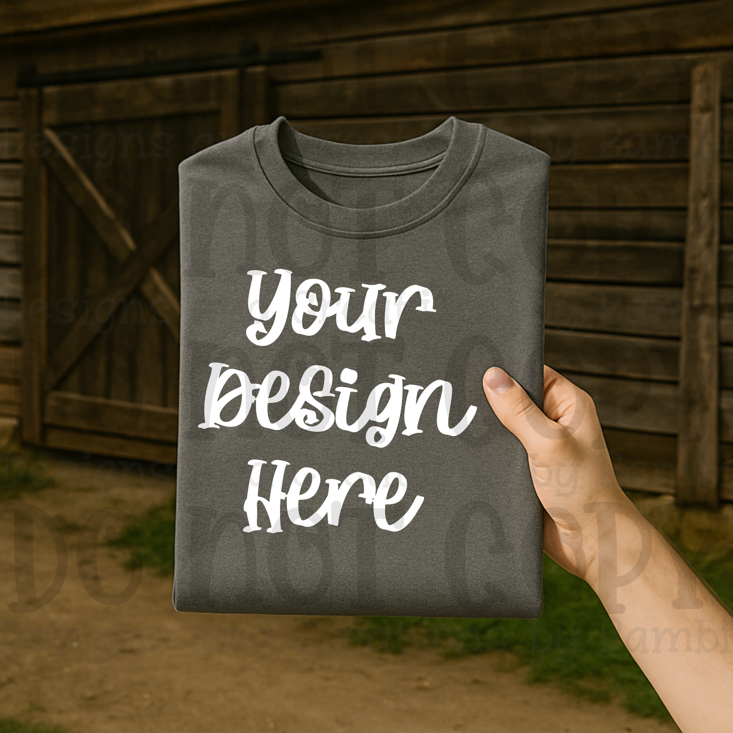 Lifestyle with Barn Door Holding Folded Tshirt Apparel Mock Ups