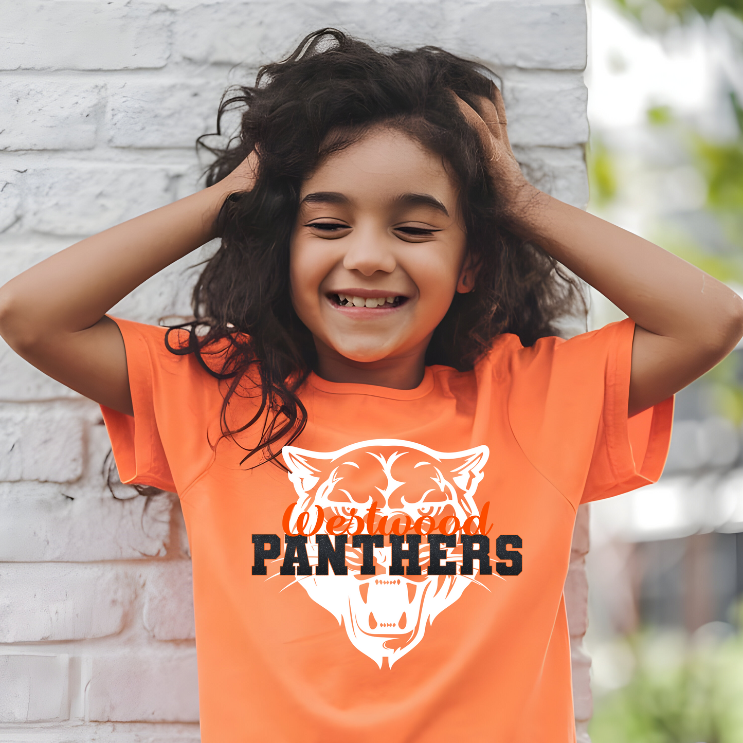 Westwood Panthers in Black Faux Glitter with Orange Westwood/Panther in Background