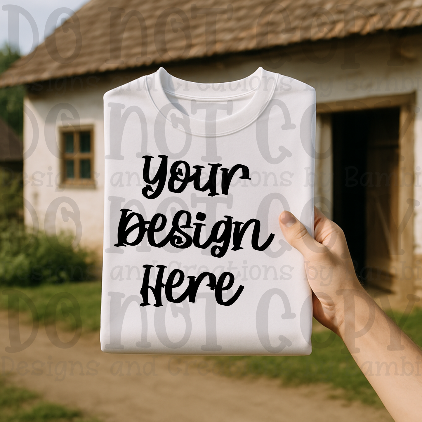 Lifestyle with Barn Door Holding Folded Tshirt Apparel Mock Ups
