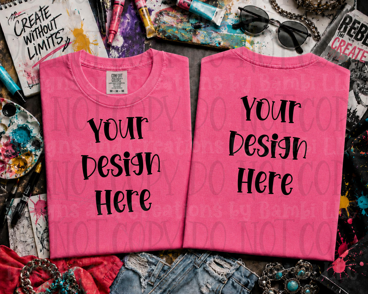 Wild Art Flat Lay Front and Back Apparel Mock Ups (Comfort Color and Gildan Brand)