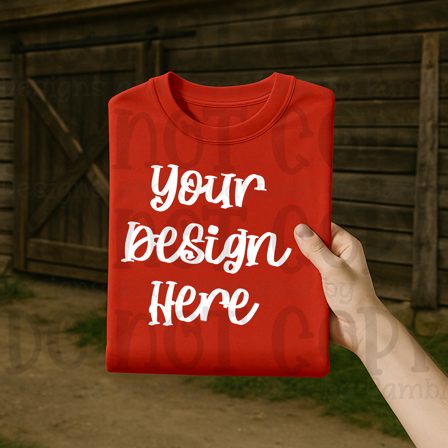 Lifestyle with Barn Door Holding Folded Tshirt Apparel Mock Ups