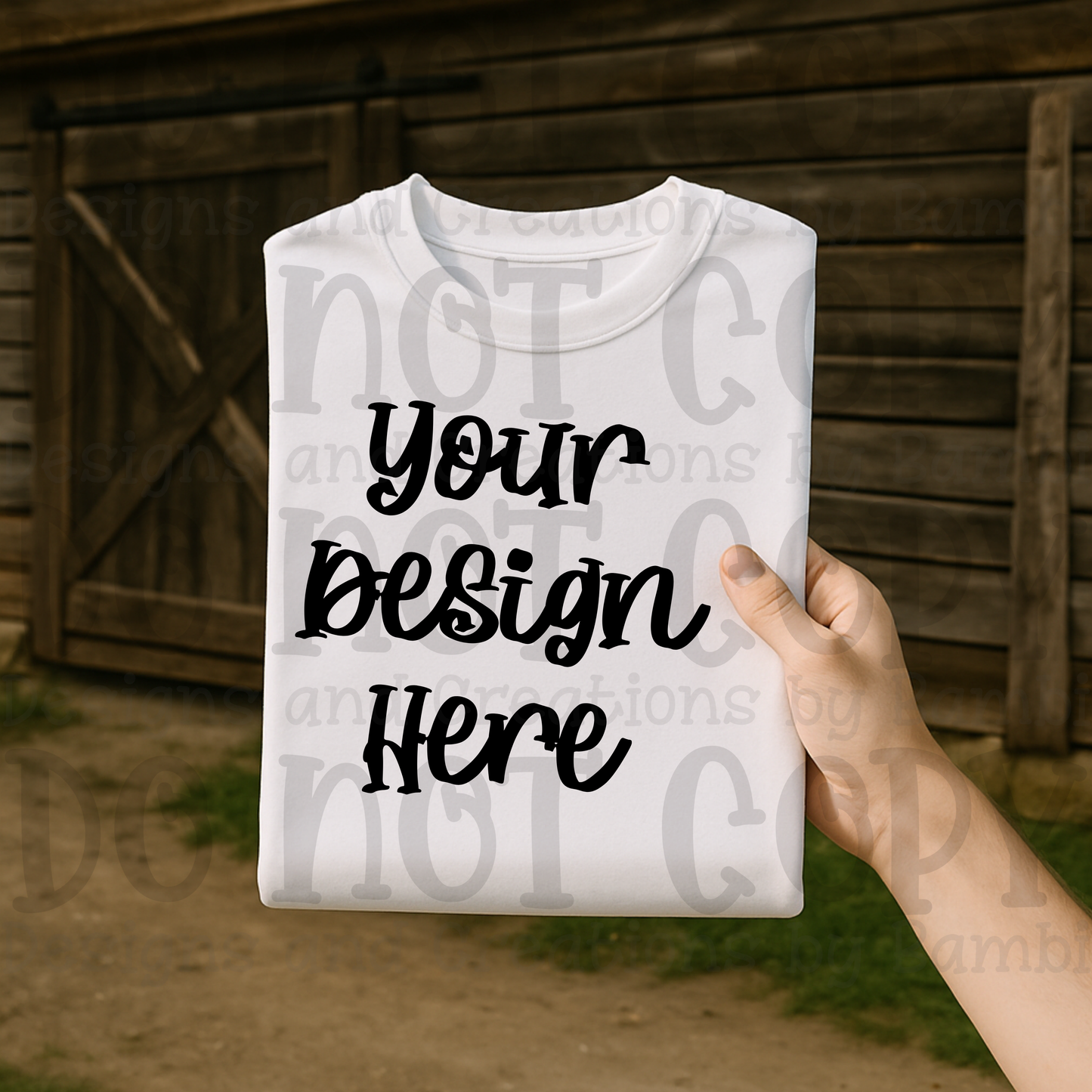 Lifestyle with Barn Door Holding Folded Tshirt Apparel Mock Ups