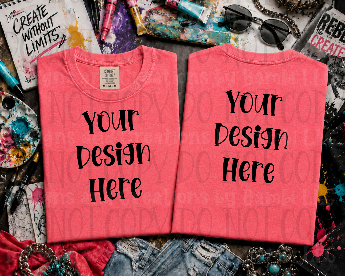 Wild Art Flat Lay Front and Back Apparel Mock Ups (Comfort Color and Gildan Brand)