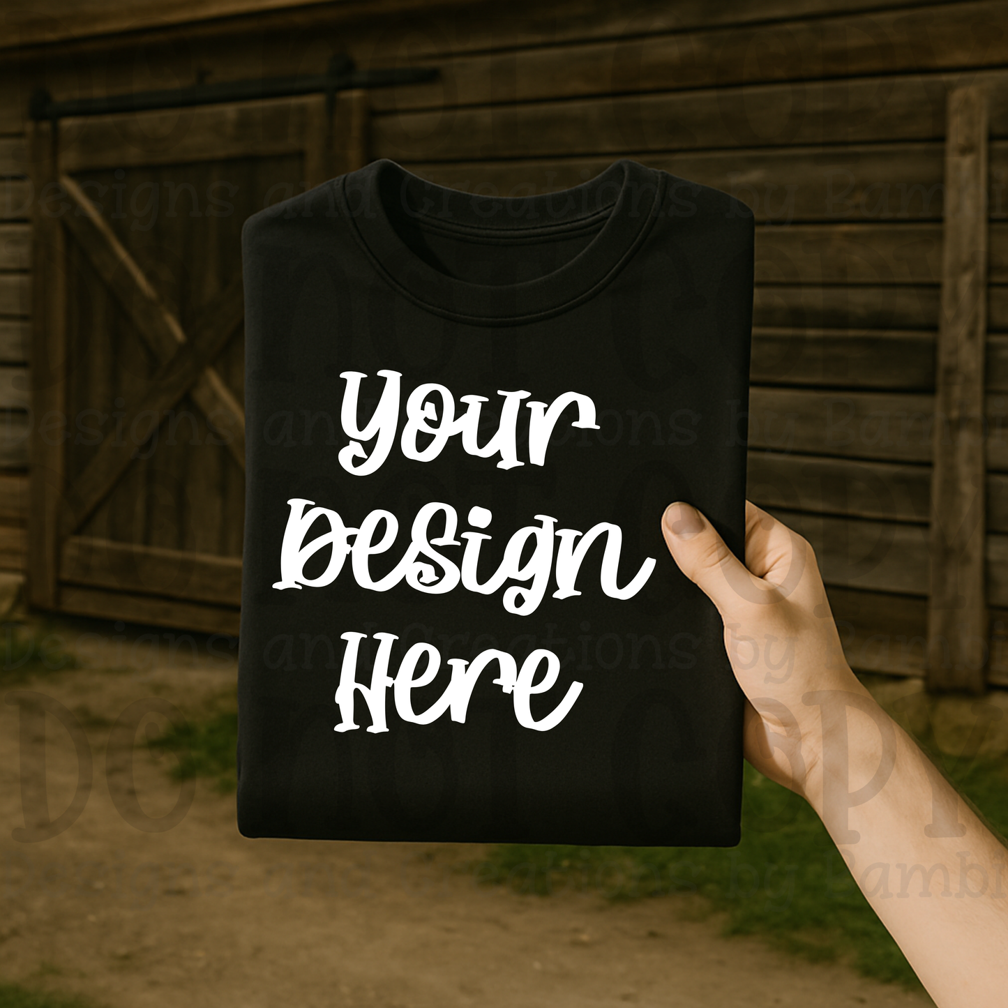 Lifestyle with Barn Door Holding Folded Tshirt Apparel Mock Ups