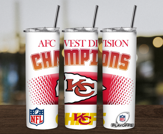 AFC West Champions KC Chiefs 20 oz Skinny Sublimation Tumbler