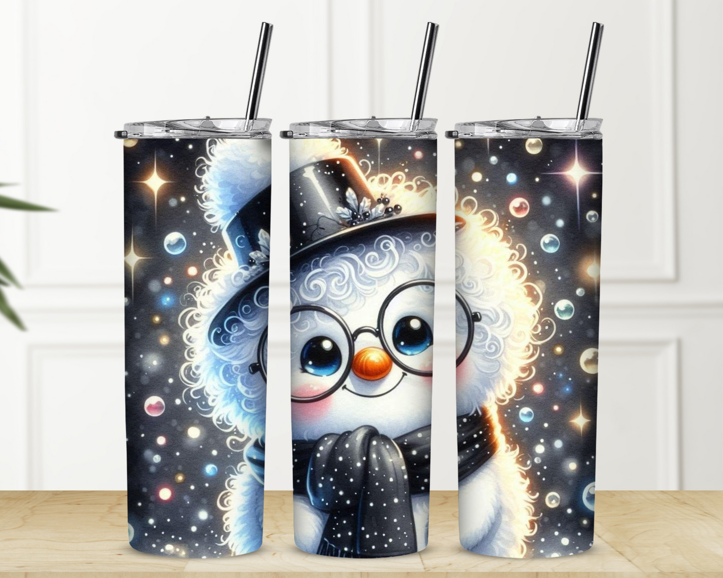 Adorable Snowman and Black Sparkle Christmas 20 oz Skinny Sublimation Tumbler
