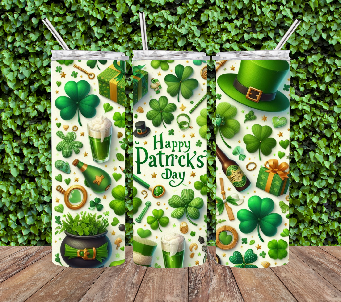 Happy St Patrick's Day with Shamrocks 20 oz Skinny Sublimation Tumbler