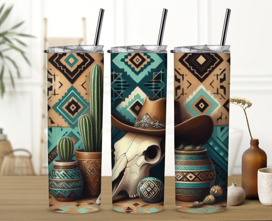 Aztec Cow Skull 20 oz Skinny Sublimation Tumbler