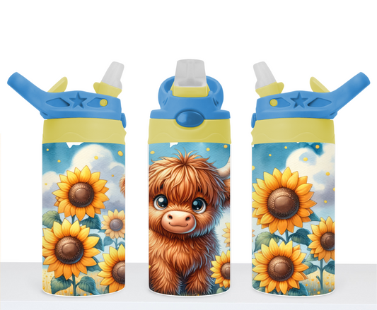 Baby Highland Cow in Sunflowers 12oz Flip Top Sublimation Tumbler