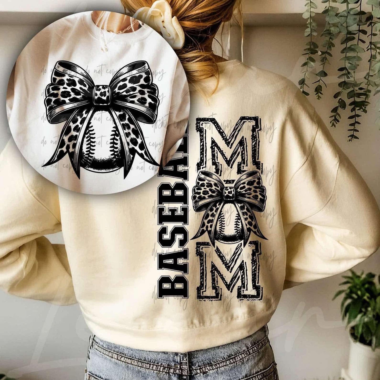 Baseball Mom BLK Leopard Bow  (Pocket/Back)