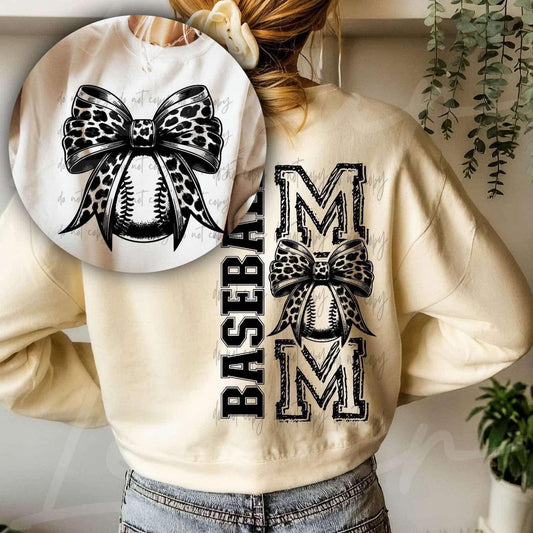 Baseball Mom BLK Leopard Bow  (Pocket/Back)