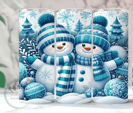 Blue Christmas Snowmen and Snowflakes 20 oz Skinny Sublimation Tumbler