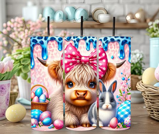 Blue Leopard Drizzle Easter Highland Cow 20oz Sublimation Tumbler