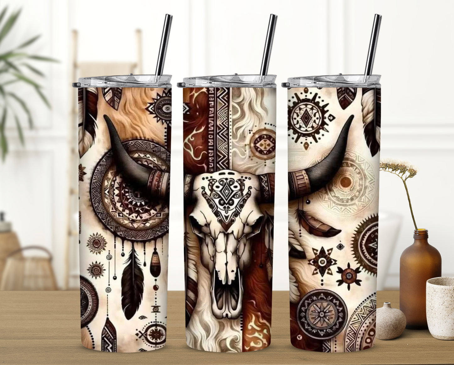 Boho Cow Skull Brown 20 oz Skinny Sublimation Tumbler