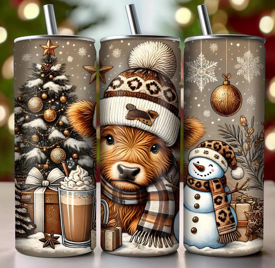 Brown Highland Cow Christmas 20 oz Skinny Sublimation Tumbler