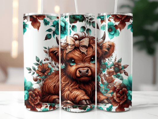 Brown Highland Cow Floral 20 oz Skinny Sublimation Tumbler