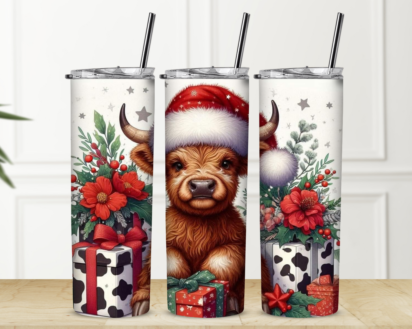 Brown Highland Cow with Hat Christmas 20 oz Skinny Sublimation Tumbler