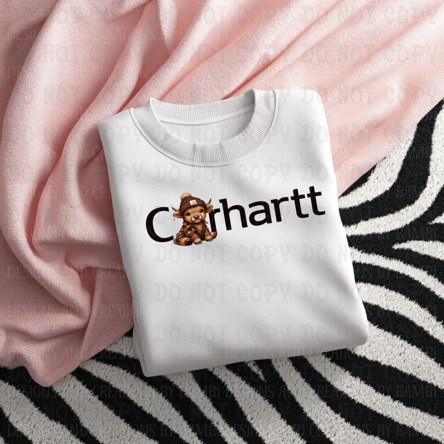 Carhartt in Black Font with Plaid Highland Cow