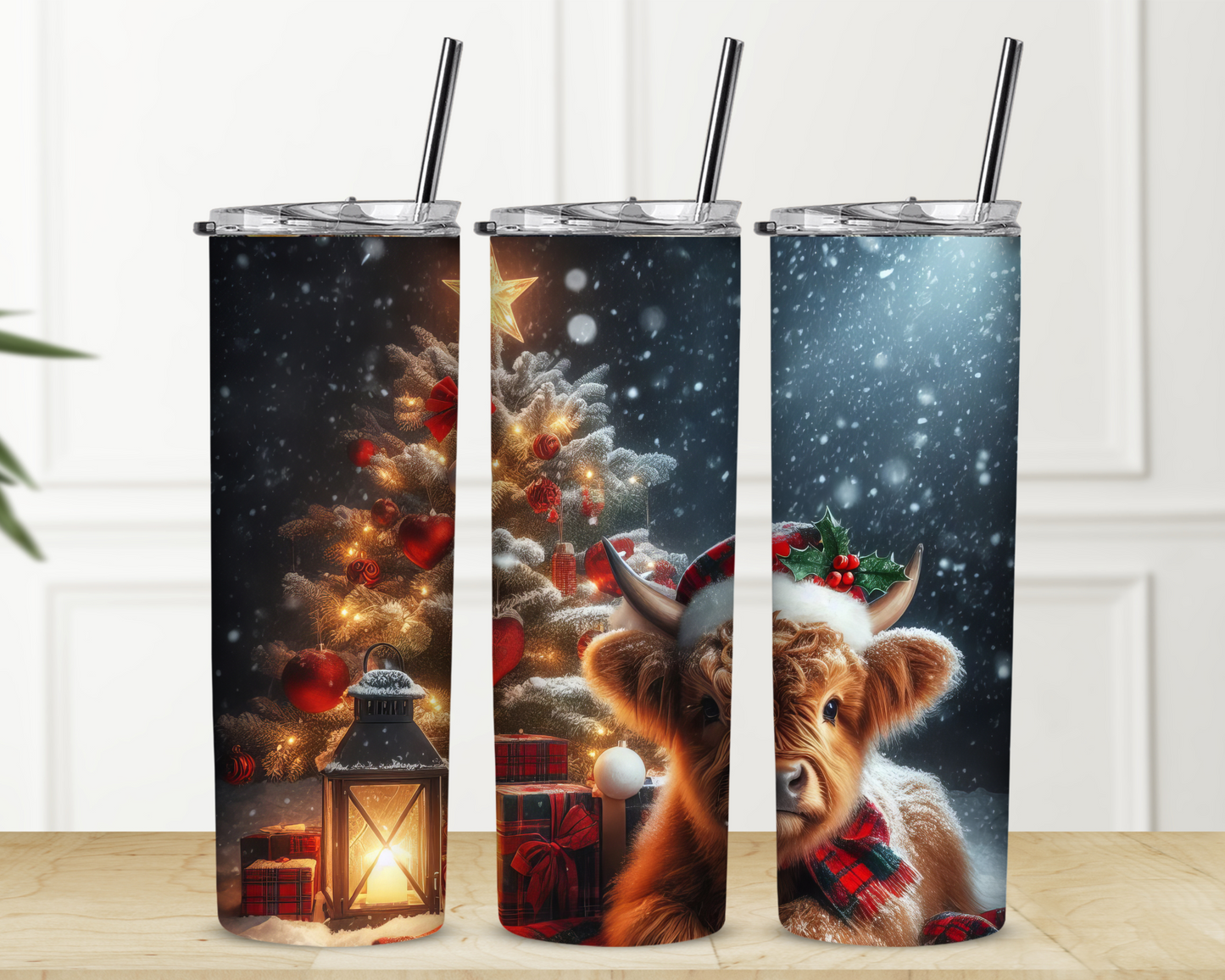 Christmas Highland Cow Laying by Tree 20 oz Skinny Sublimation Tumbler