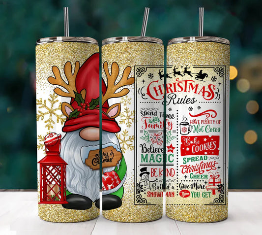 Christmas Rules Gnome 20 oz Skinny Sublimation Tumbler
