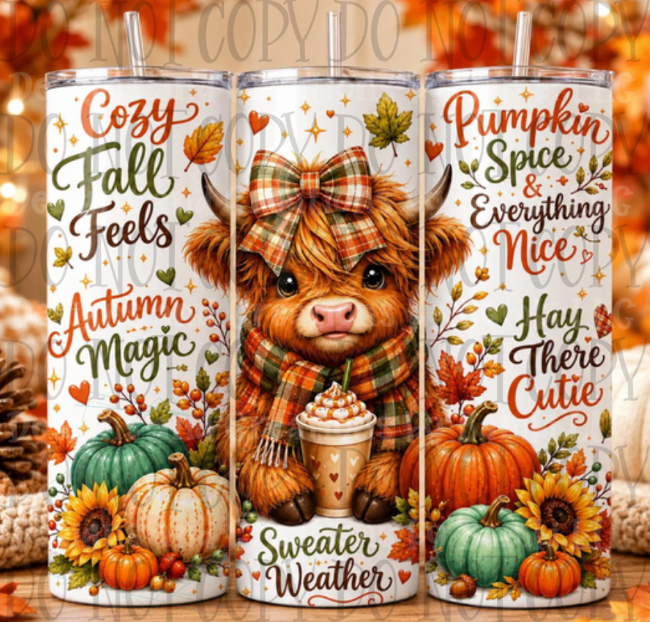 Cozy Fall Feels Highland Cow 20oz Skinny Sublimation Tumbler