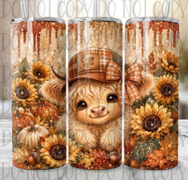 Cozy Vibes Highland Cow 20oz Skinny Sublimation Tumbler