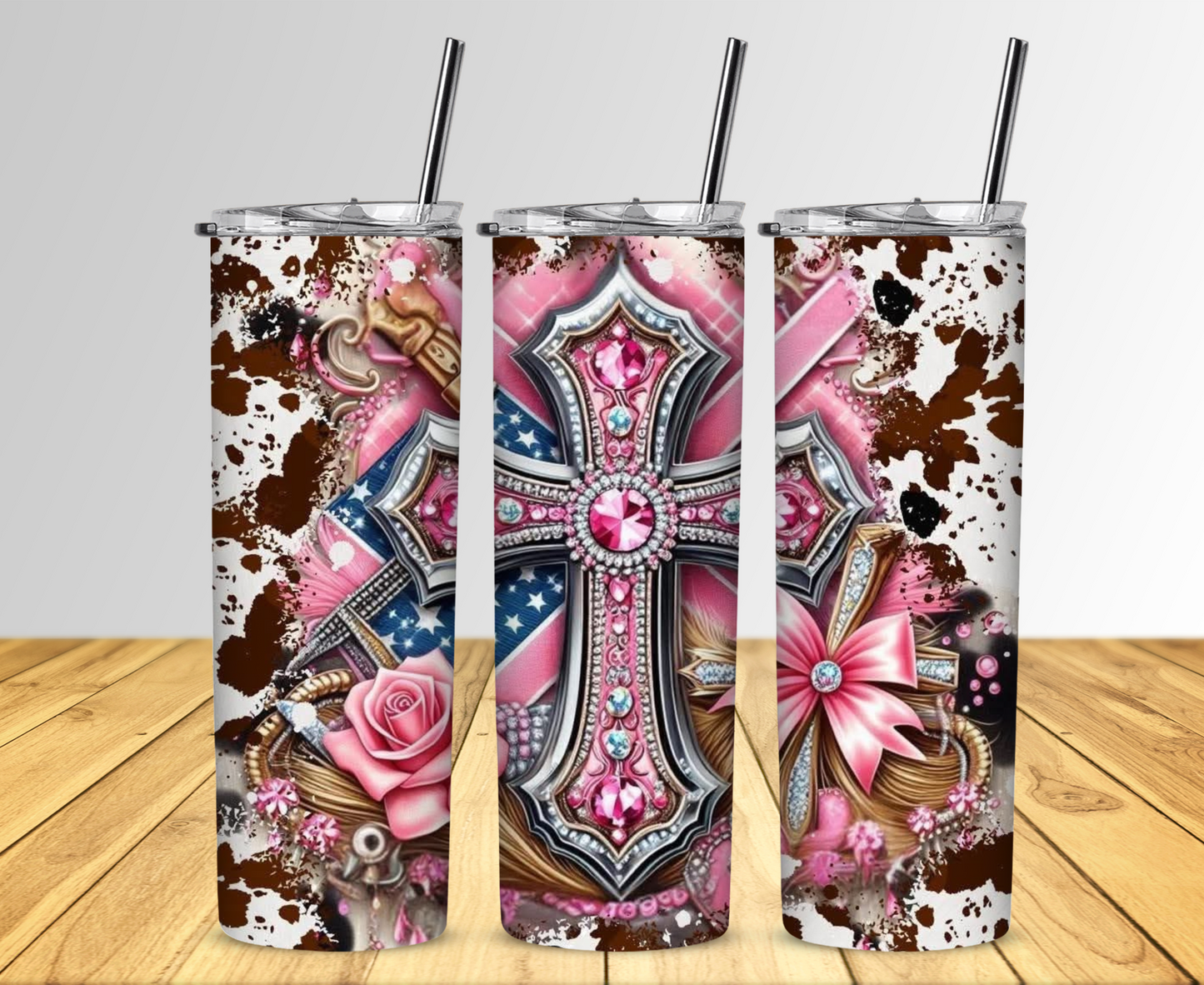 Cross Cowprint and Bling 20 oz Skinny Sublimation Tumbler