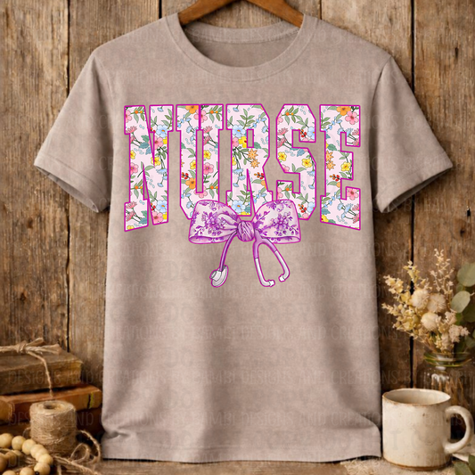 Cute Floral Pink Purple Nurse with Bow