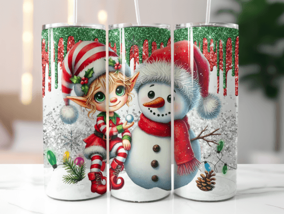Elf and Snowman Christmas 20 oz Skinny Sublimation Tumbler