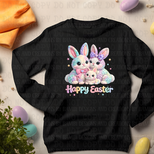 Faux Crochet Trio of Pastel Bunnies Happy Easter