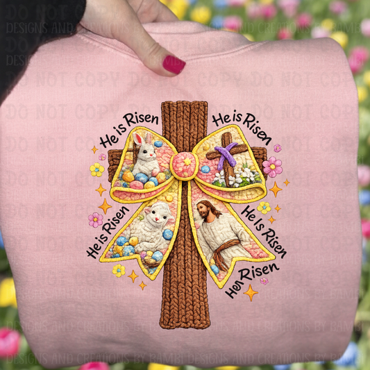 Faux Embroidery-Yarn He Is Risen Coquette Bow with Wooden Cross