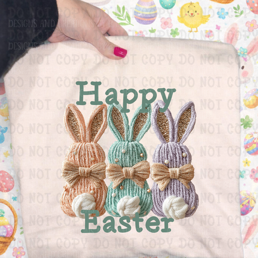 Faux Yarn Trio of Rabbits with Happy Easter