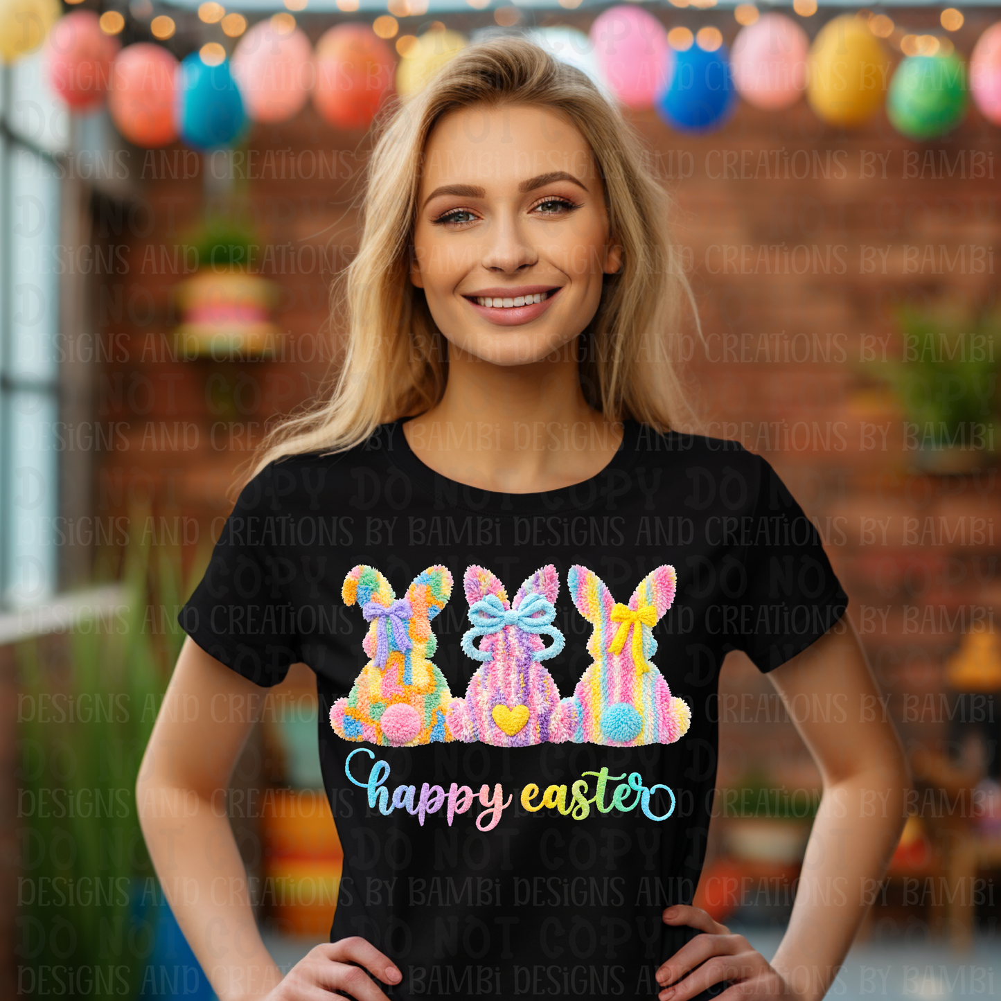 Faux Yarn Multi Pattern Trio of Bunnies Happy Easter