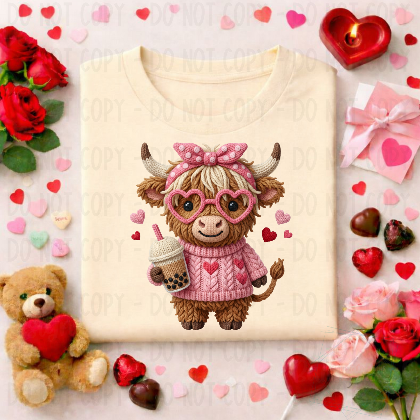 Faux Yarn Shaggy Highland Cow with Pink Sweater