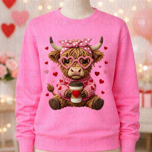 Faux Crochet Yarn Highland Cow Coffee Valentine Pink