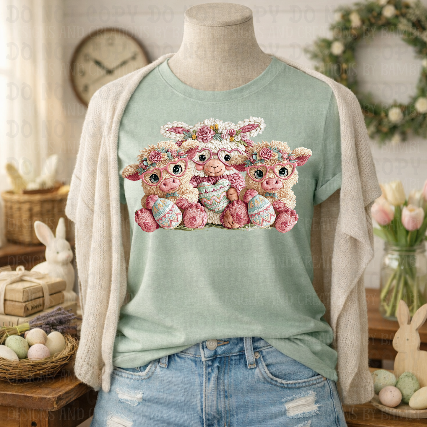 Faux Yarn/Crochet Trio Easter Highland Cows