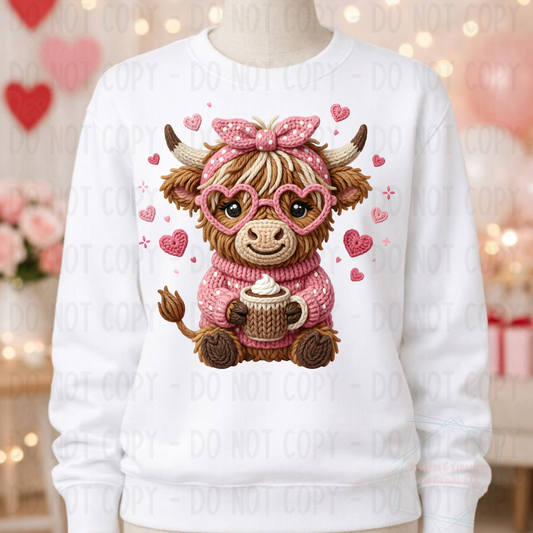 Faux Yarn Highland Cow Valentine with Coffee
