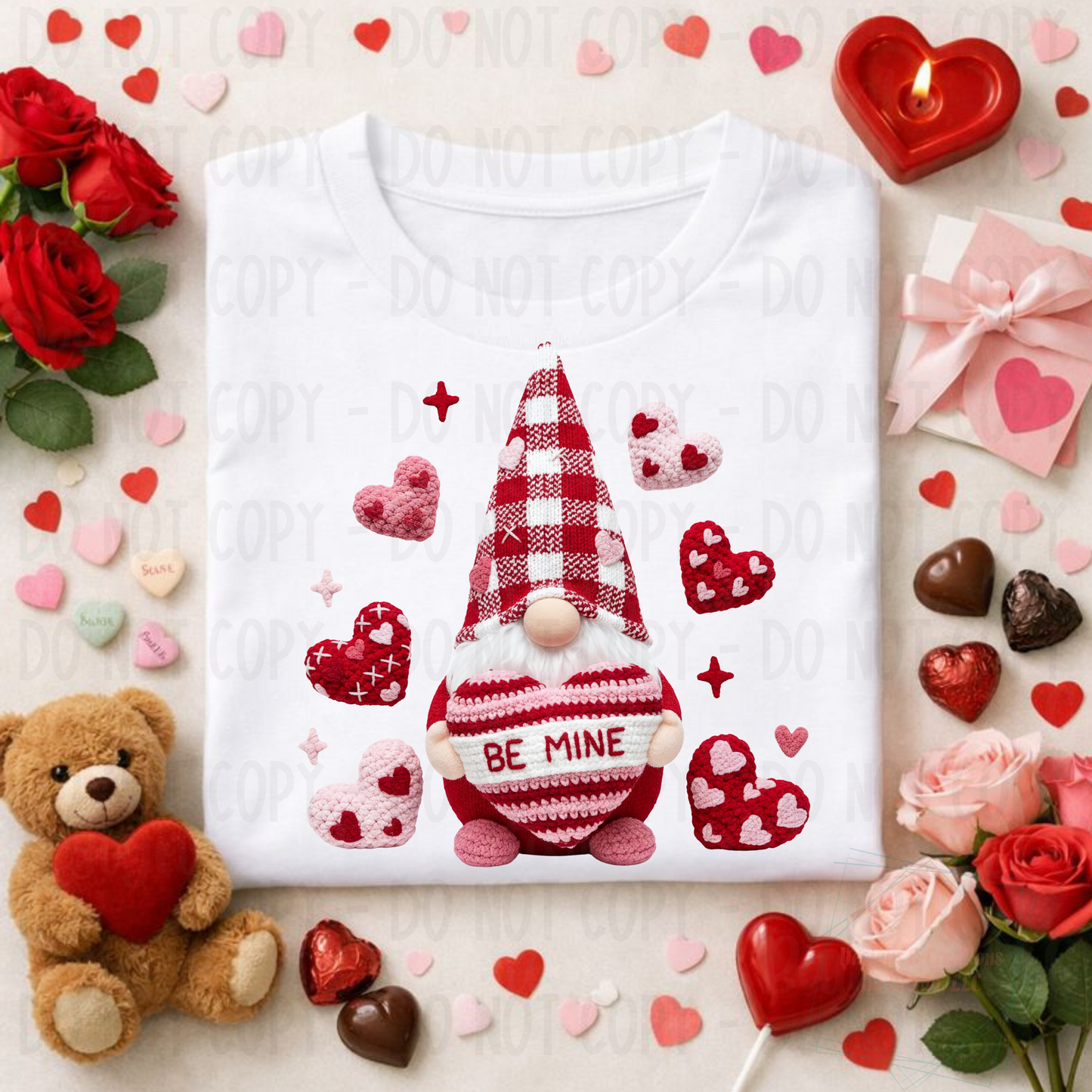Faux Yarn Red Checkered Gnome Be Mine
